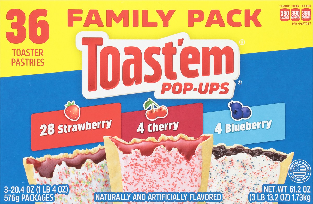 slide 5 of 9, Toast'em Pop-ups Strawberry/Cherry/Blueberry Toaster Pastries Variety Pack Family Pack 36 ea, 3 ct