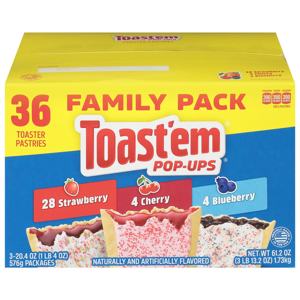 slide 1 of 9, Toast'em Pop-ups Strawberry/Cherry/Blueberry Toaster Pastries Variety Pack Family Pack 36 ea, 3 ct