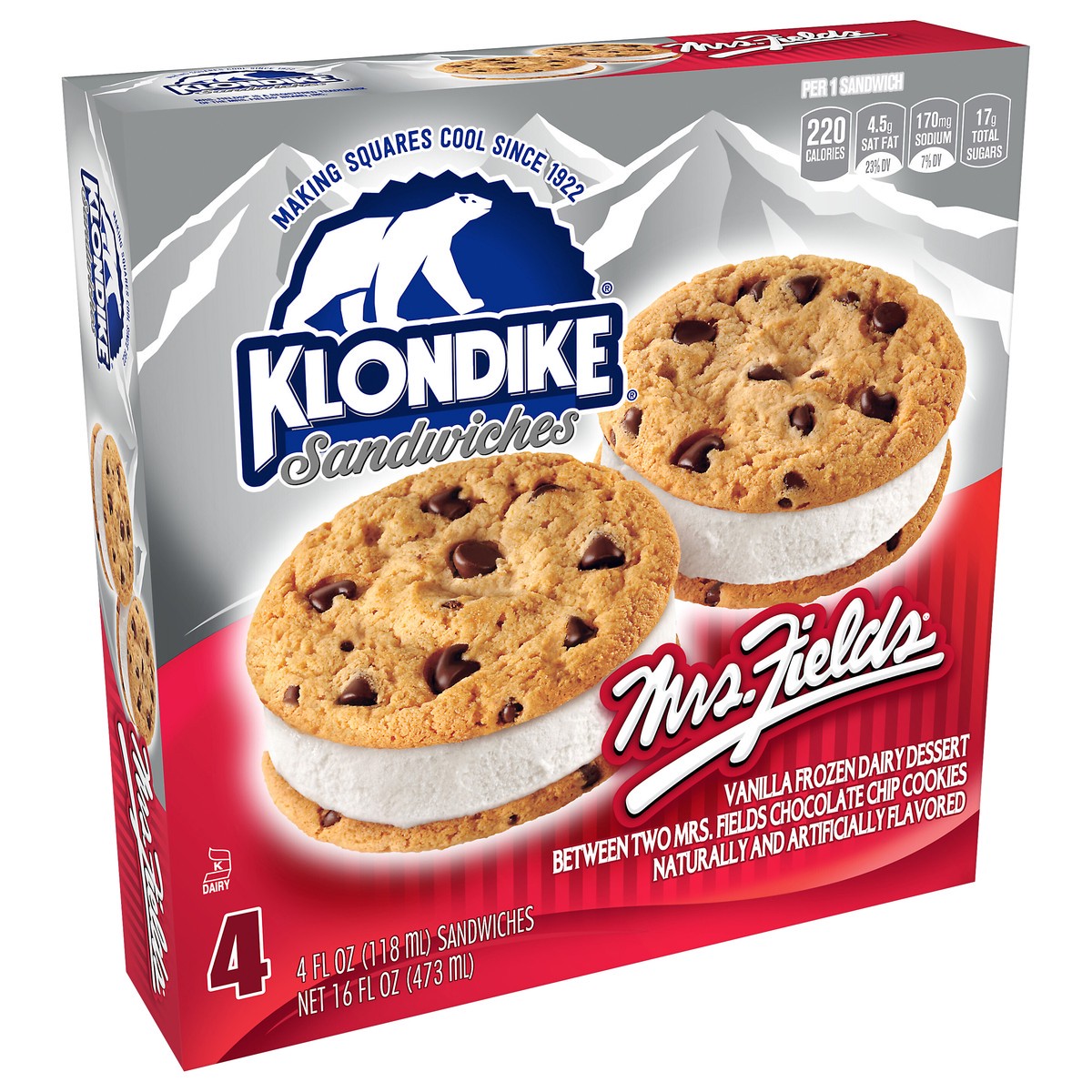 slide 4 of 9, Klondike Frozen Dairy Dessert Sandwiches Mrs.Fields, 4 fl oz, 4 Count, 4 fl oz