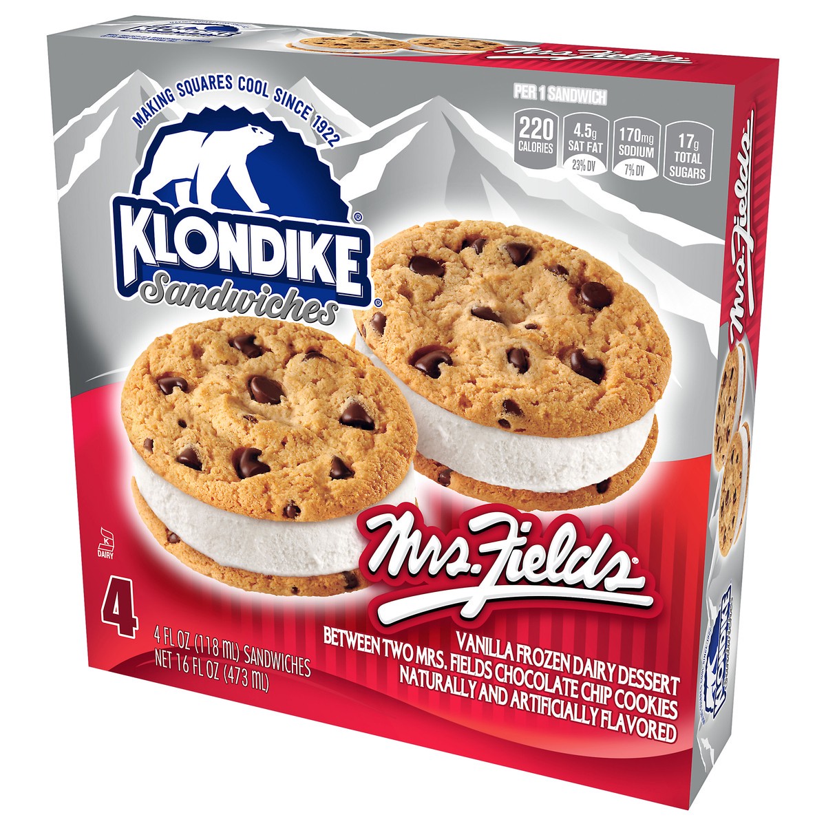 slide 7 of 9, Klondike Frozen Dairy Dessert Sandwiches Mrs.Fields, 4 fl oz, 4 Count, 4 fl oz