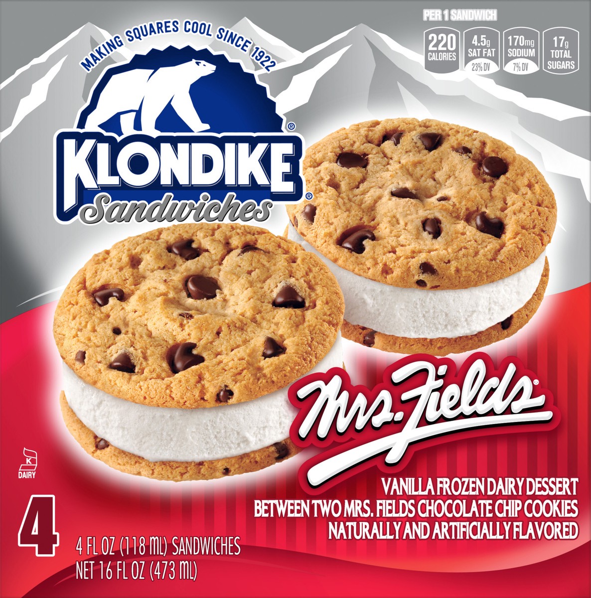 slide 3 of 9, Klondike Frozen Dairy Dessert Sandwiches Mrs.Fields, 4 fl oz, 4 Count, 4 fl oz