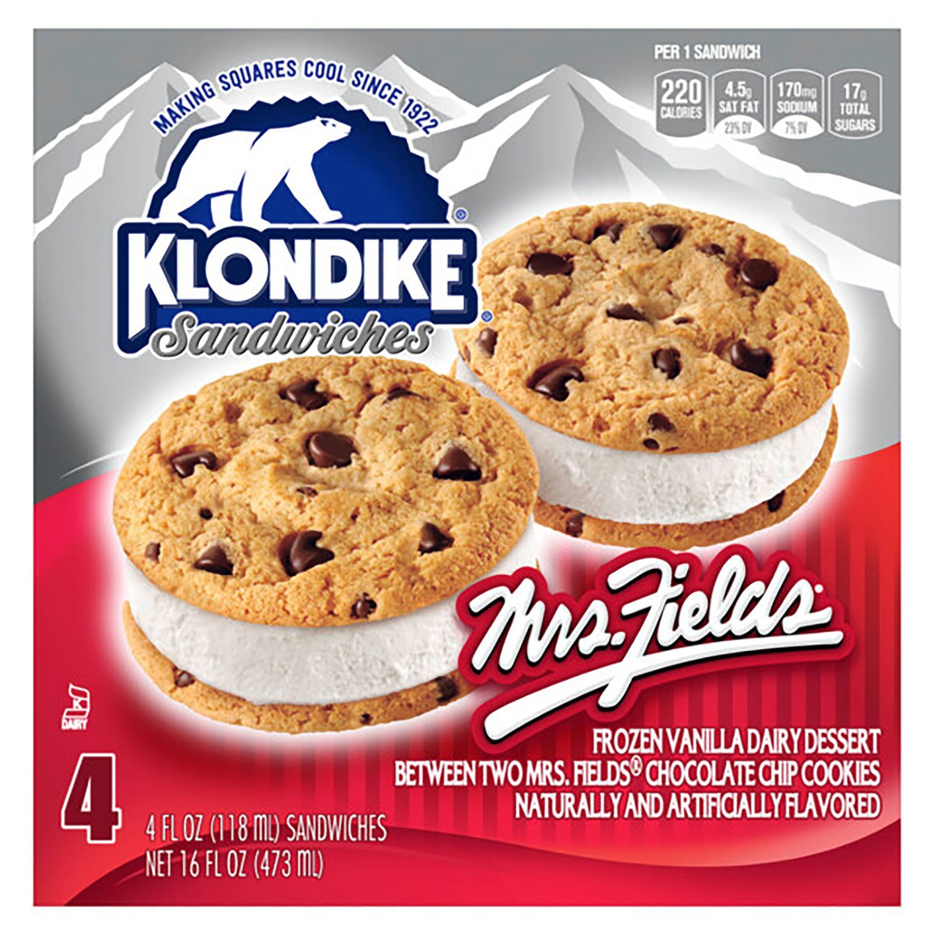 slide 1 of 5, Klondike Mrs Fields Cookie Sandwich Ice Cream, 4 ct; 4 oz