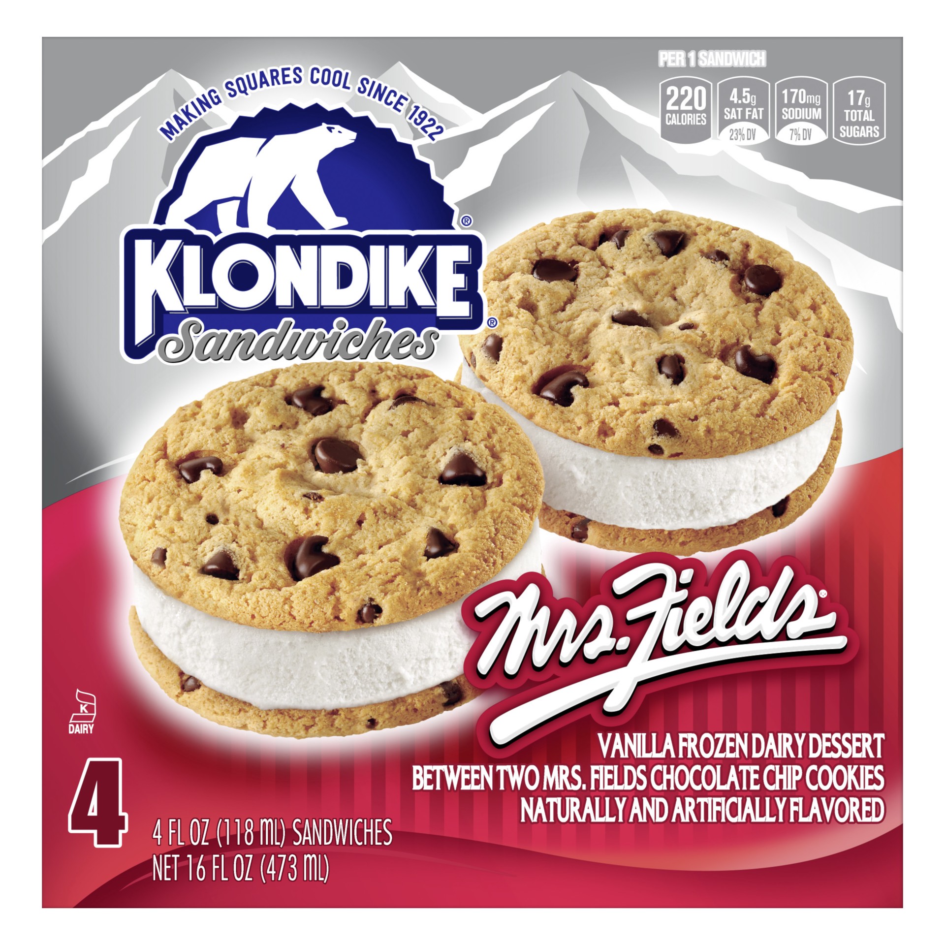 slide 1 of 9, Klondike Frozen Dairy Dessert Sandwiches Mrs.Fields, 4 fl oz, 4 Count, 4 fl oz