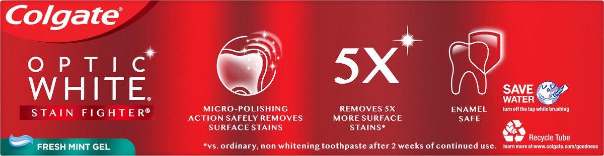 slide 2 of 7, Colgate Optic White Stain Fighter Teeth Whitening Toothpaste Gel, Fresh Mint Gel, 6 oz