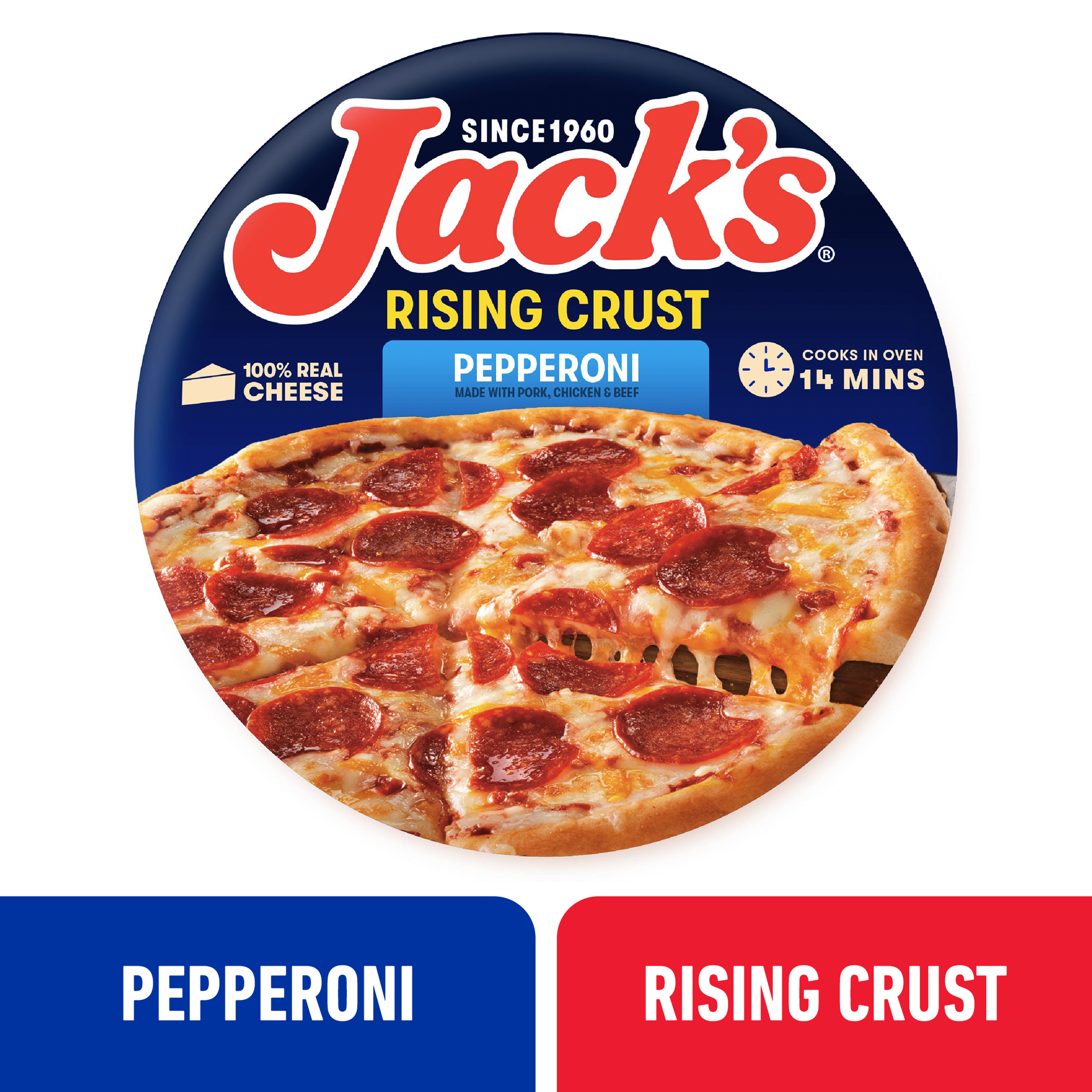 slide 1 of 24, Jack's Jack''s Rising Crust Pepperoni Pizza, Rising Crust Pizza, Frozen Pizza 11in, 26.3oz (Frozen), 26.3 oz