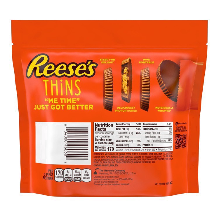 slide 20 of 92, Reese's Thins Peanut Butter Cups Milk Chocolate, 7.37 oz
