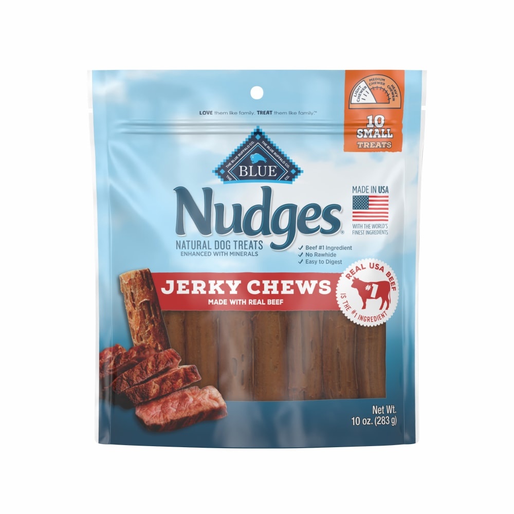 slide 1 of 3, Blue Buffalo Nudges Jerky Chews Natural Dog Treats Small Breed, Beef, 10oz Bag, 10 Count, 10 oz