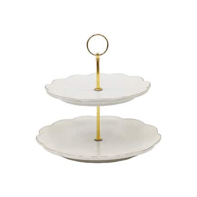 slide 1 of 1, 9" Gold-Edge Scalloped White Ceramic 2-Tier Tray By Ashland, 10.25 in x 10.25 in x 9 in