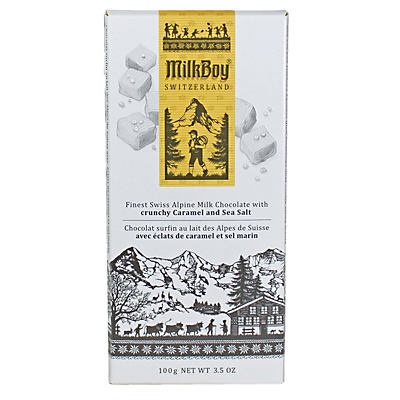 slide 1 of 1, MilkBoy Swiss Alpine Milk Chocolate with Crunchy Caramel & Sea Salt, 3.5 oz