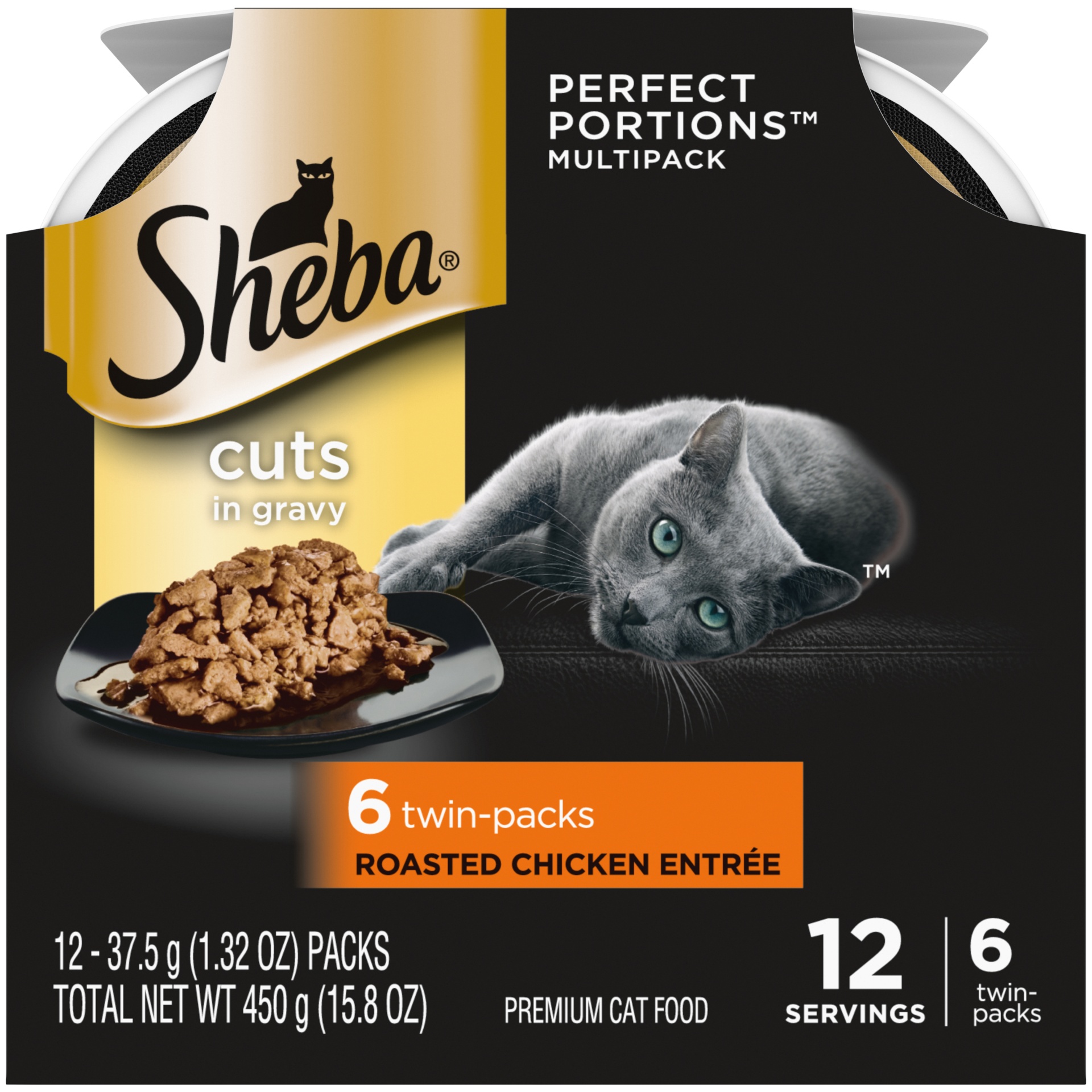 slide 1 of 1, SHEBA Wet Cat Food Cuts in Gravy Multipack, Roasted Chicken Entree, (6) PERFECT PORTIONS Twin-Pack Trays, 2.64 oz