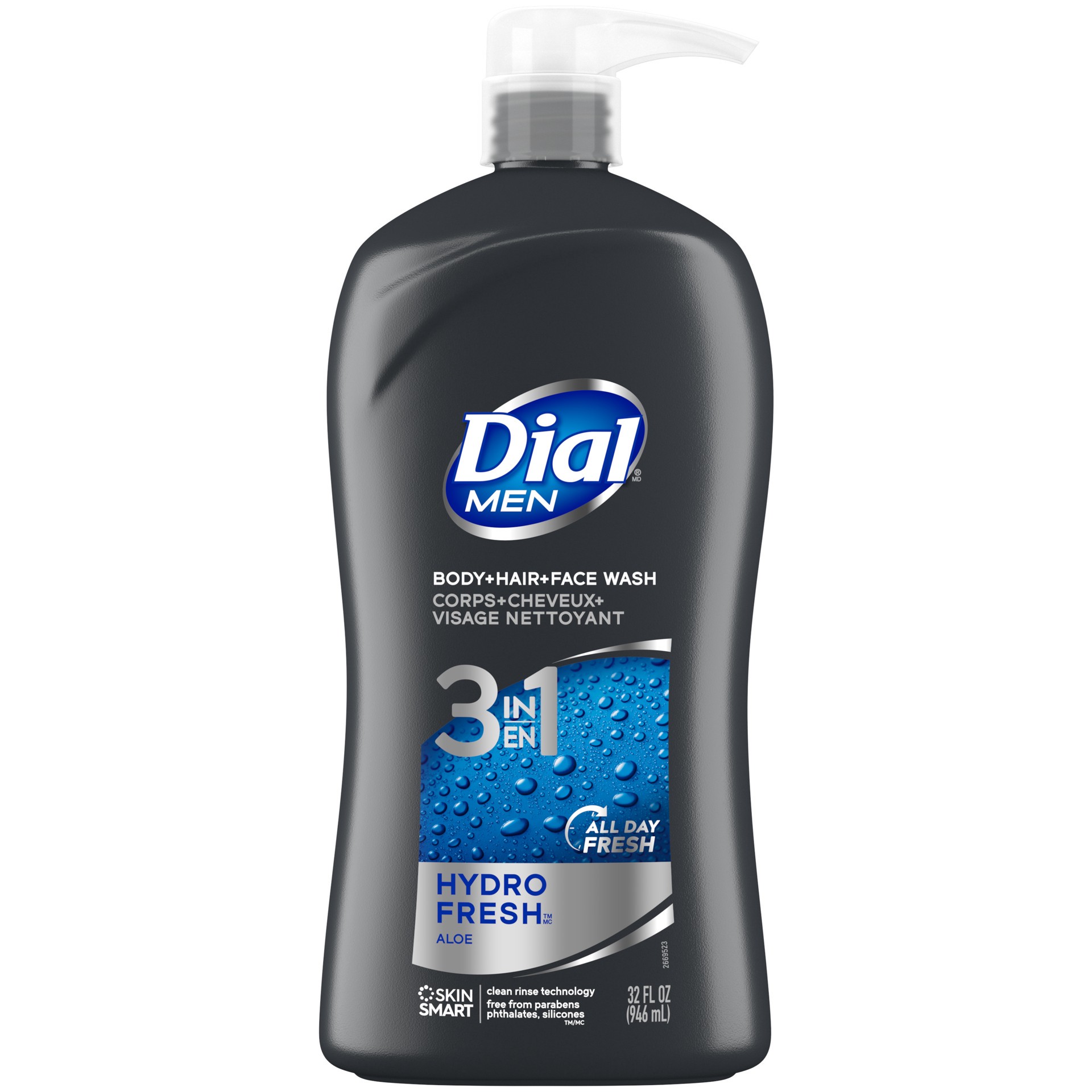 slide 3 of 5, Dial Men 3in1 Body, Hair and Face Wash, Hydro Fresh, 32 fl oz, 32 fl oz