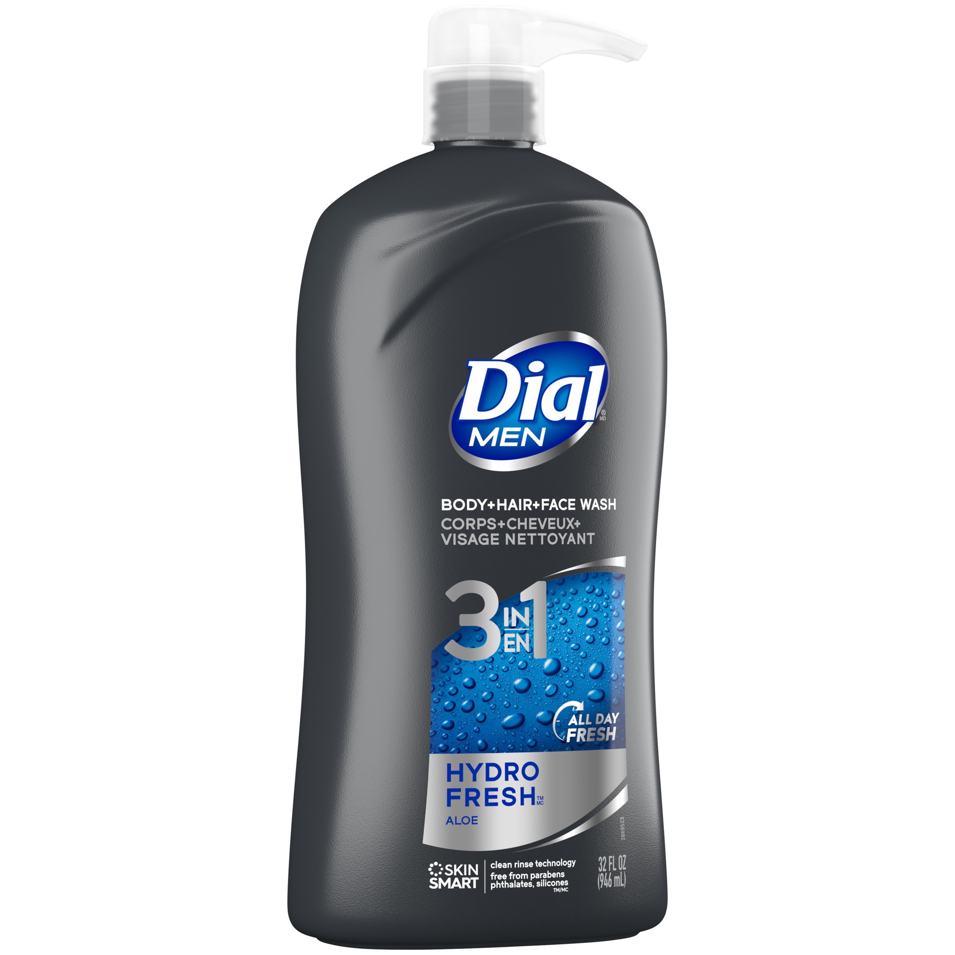 slide 5 of 5, Dial Men 3in1 Body, Hair and Face Wash, Hydro Fresh, 32 fl oz, 32 fl oz