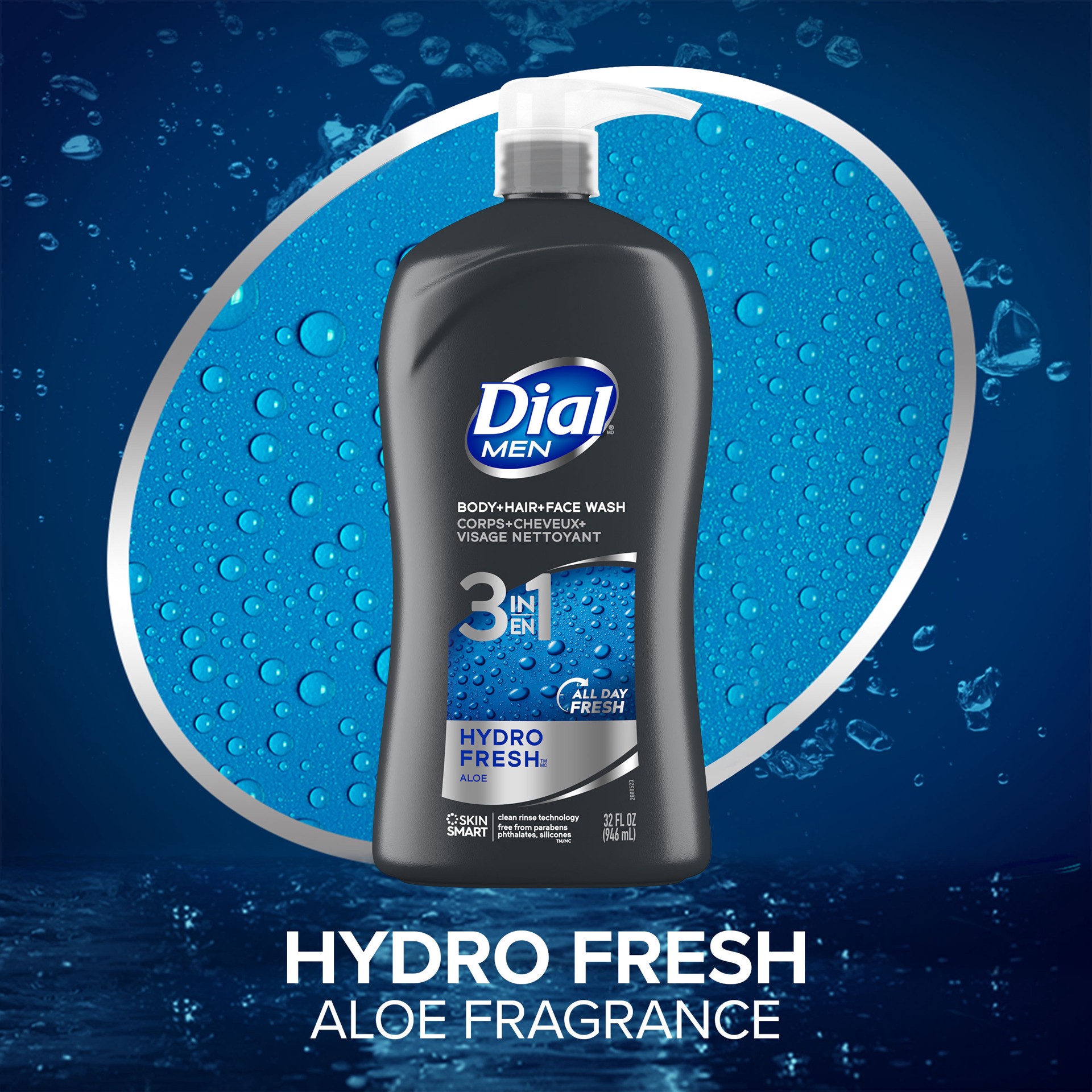 slide 4 of 5, Dial Men 3in1 Body, Hair and Face Wash, Hydro Fresh, 32 fl oz, 32 fl oz