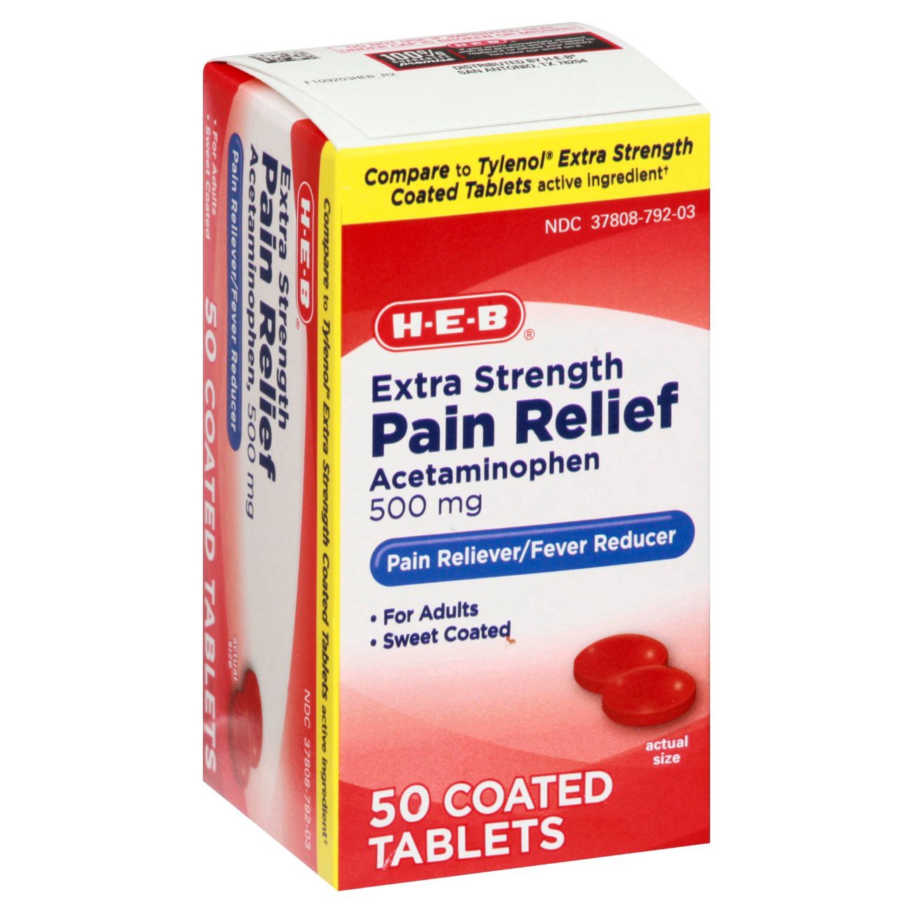 slide 1 of 1, H-E-B Pain Relief Extra Strength Acetaminophen 500 Mg Easy Tabs Tablets, 50 ct