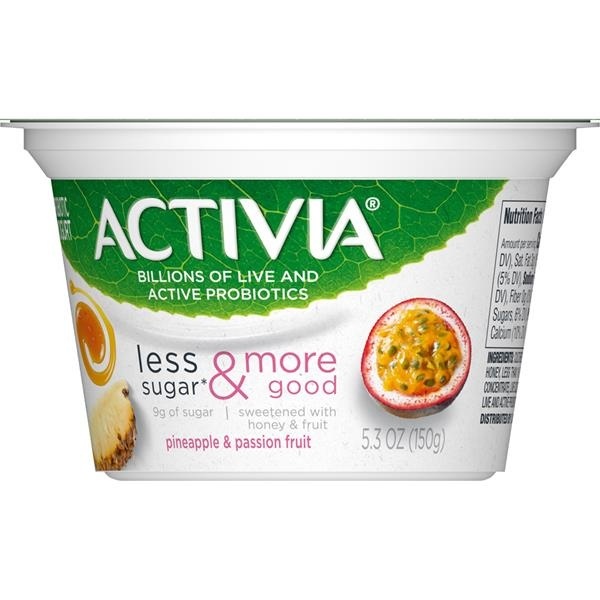 slide 1 of 1, Activia Less Sugar & More Good Pineapple & Passion Fruit Probiotic Yogurt, 5.3 oz