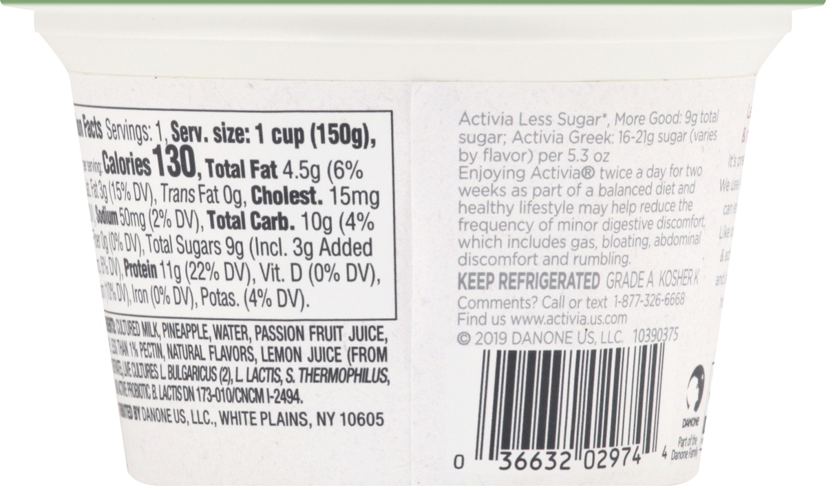slide 8 of 8, Activia Less Sugar & More Good Pineapple & Passion Fruit Probiotic Yogurt, 5.3 oz