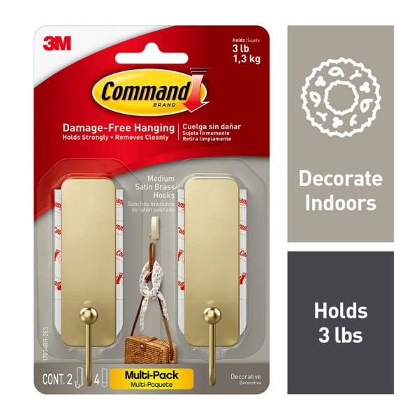 slide 2 of 2, Command Medium Satin Brass Hooks, 3 Lb, 2 Medium Hooks, 4 Medium Strips, 1 ct