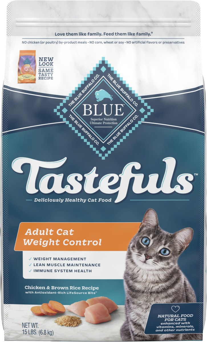 slide 6 of 6, Blue Buffalo Tastefuls Weight Control Natural Adult Dry Cat Food, Chicken 15lb bag, 15 lb