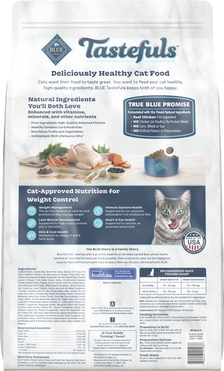 slide 2 of 6, Blue Buffalo Tastefuls Weight Control Natural Adult Dry Cat Food, Chicken 15lb bag, 15 lb