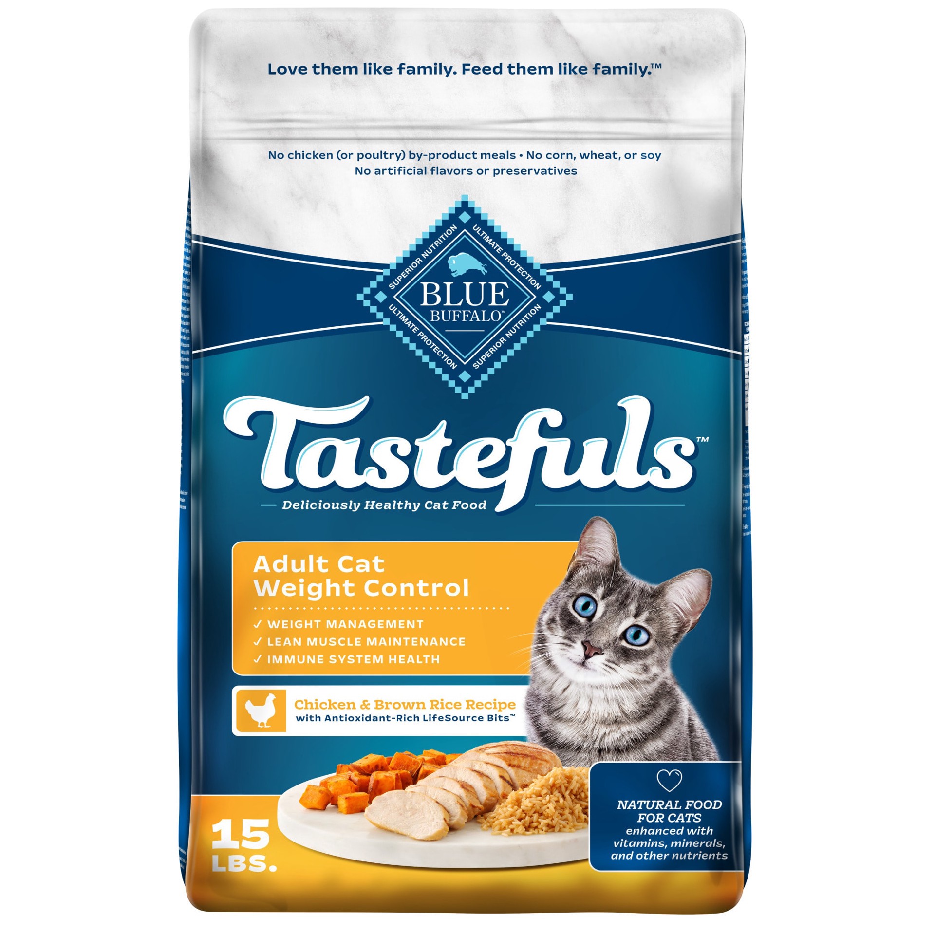 slide 1 of 6, Blue Buffalo Tastefuls Weight Control Natural Adult Dry Cat Food, Chicken 15lb bag, 15 lb