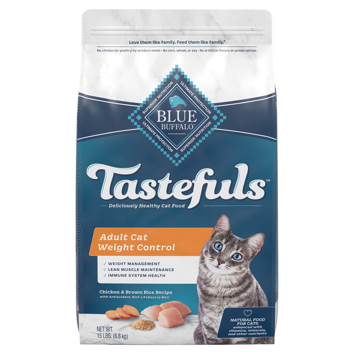 slide 1 of 6, Blue Buffalo Tastefuls Weight Control Natural Adult Dry Cat Food, Chicken 15lb bag, 15 lb