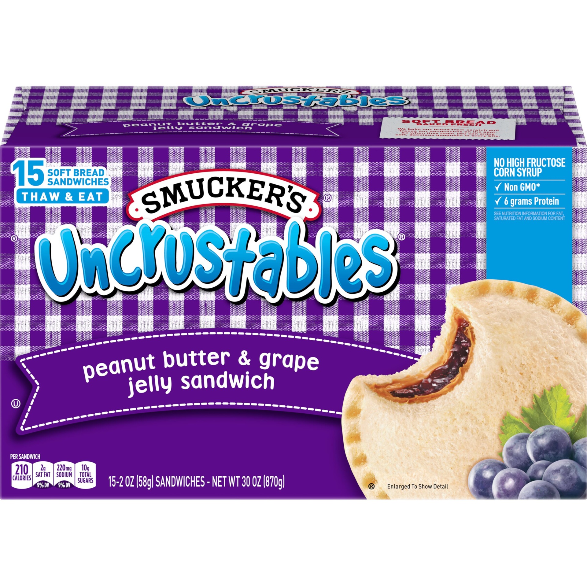 slide 1 of 1, Smucker's Uncrustables Peanut Butter & Grape Jelly Sandwich, 15-Count Pack, 15 ct; 2 oz