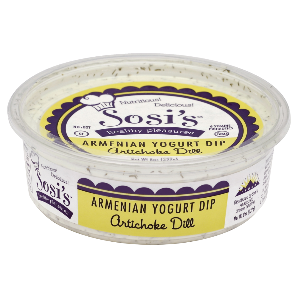 slide 1 of 3, Sosis Healthy Pleasures Sosis Armenian Yogurt Artichoke Dill Dip, 8 oz