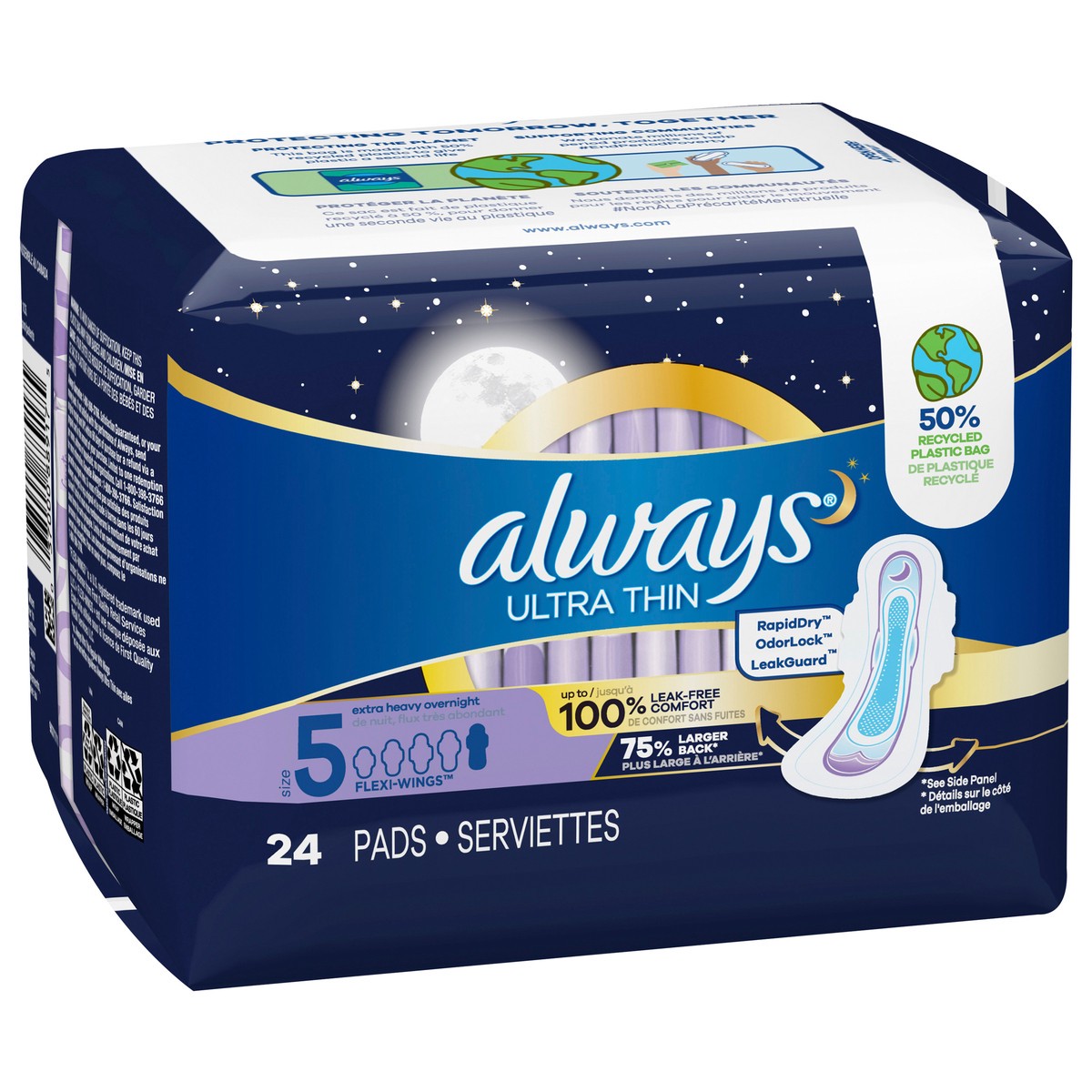 slide 4 of 5, Always Ultra Thin Overnight Pads with Flexi-Wings, Size 5, Extra Heavy Overnight, Unscented, 24 Count, 24 ct