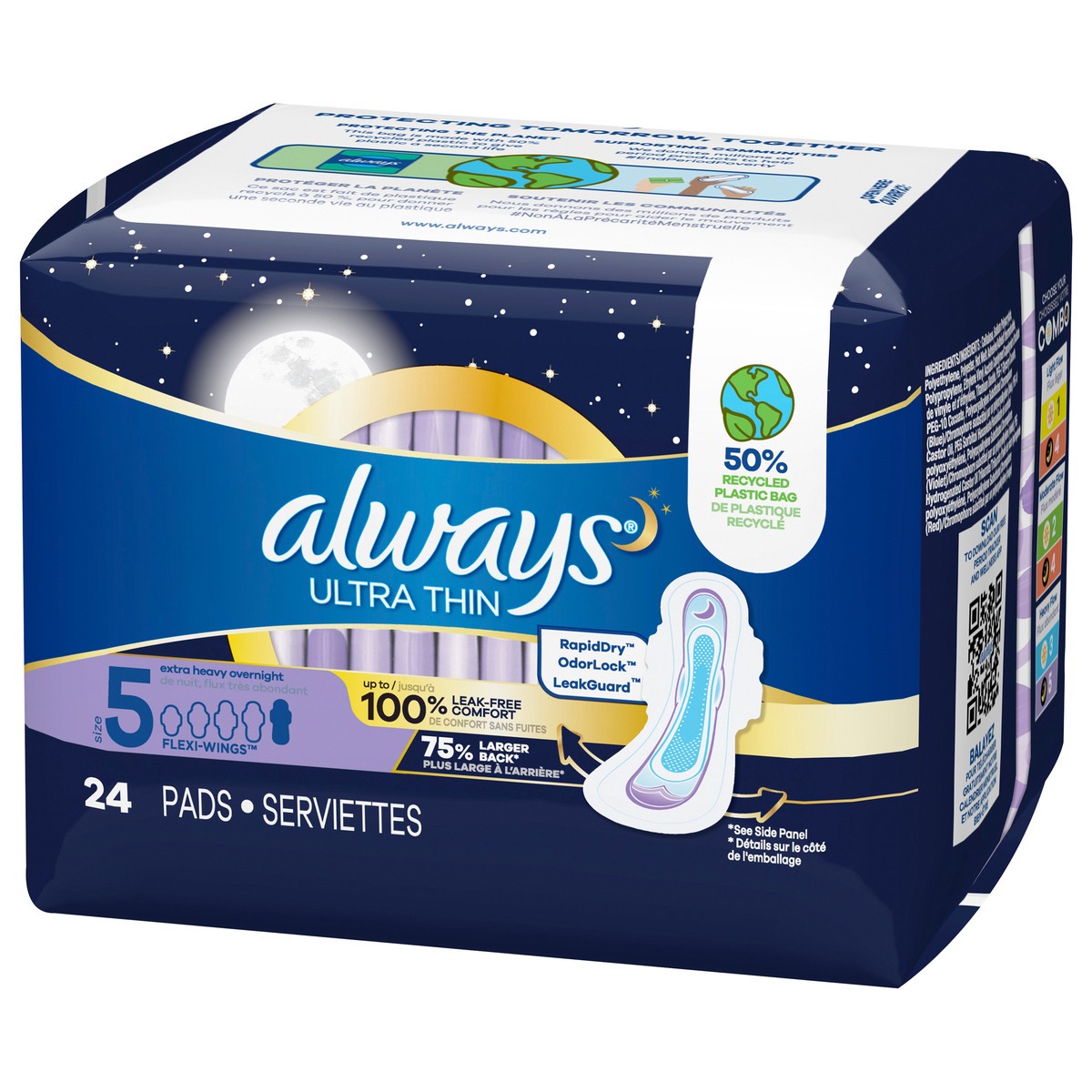 slide 3 of 5, Always Ultra Thin Overnight Pads with Flexi-Wings, Size 5, Extra Heavy Overnight, Unscented, 24 Count, 24 ct