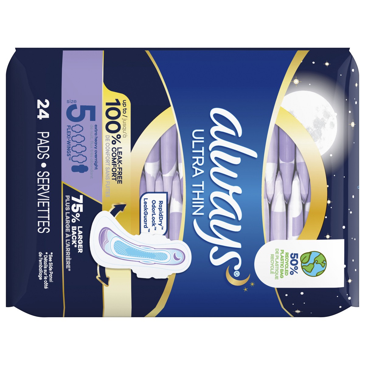 slide 2 of 5, Always Ultra Thin Overnight Pads with Flexi-Wings, Size 5, Extra Heavy Overnight, Unscented, 24 Count, 24 ct