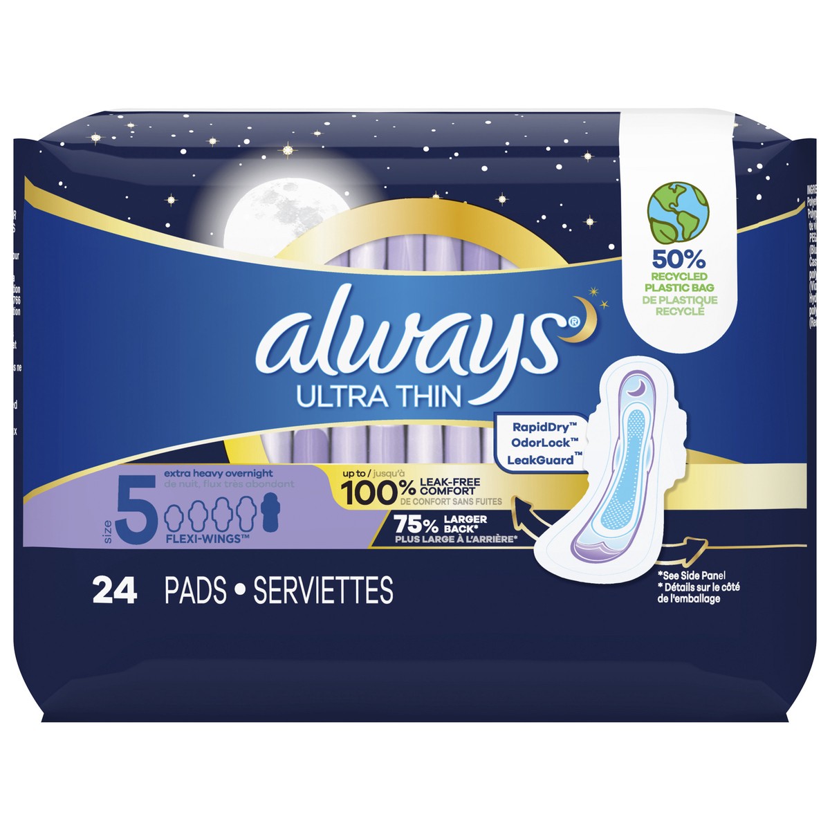 slide 5 of 5, Always Ultra Thin Overnight Pads with Flexi-Wings, Size 5, Extra Heavy Overnight, Unscented, 24 Count, 24 ct