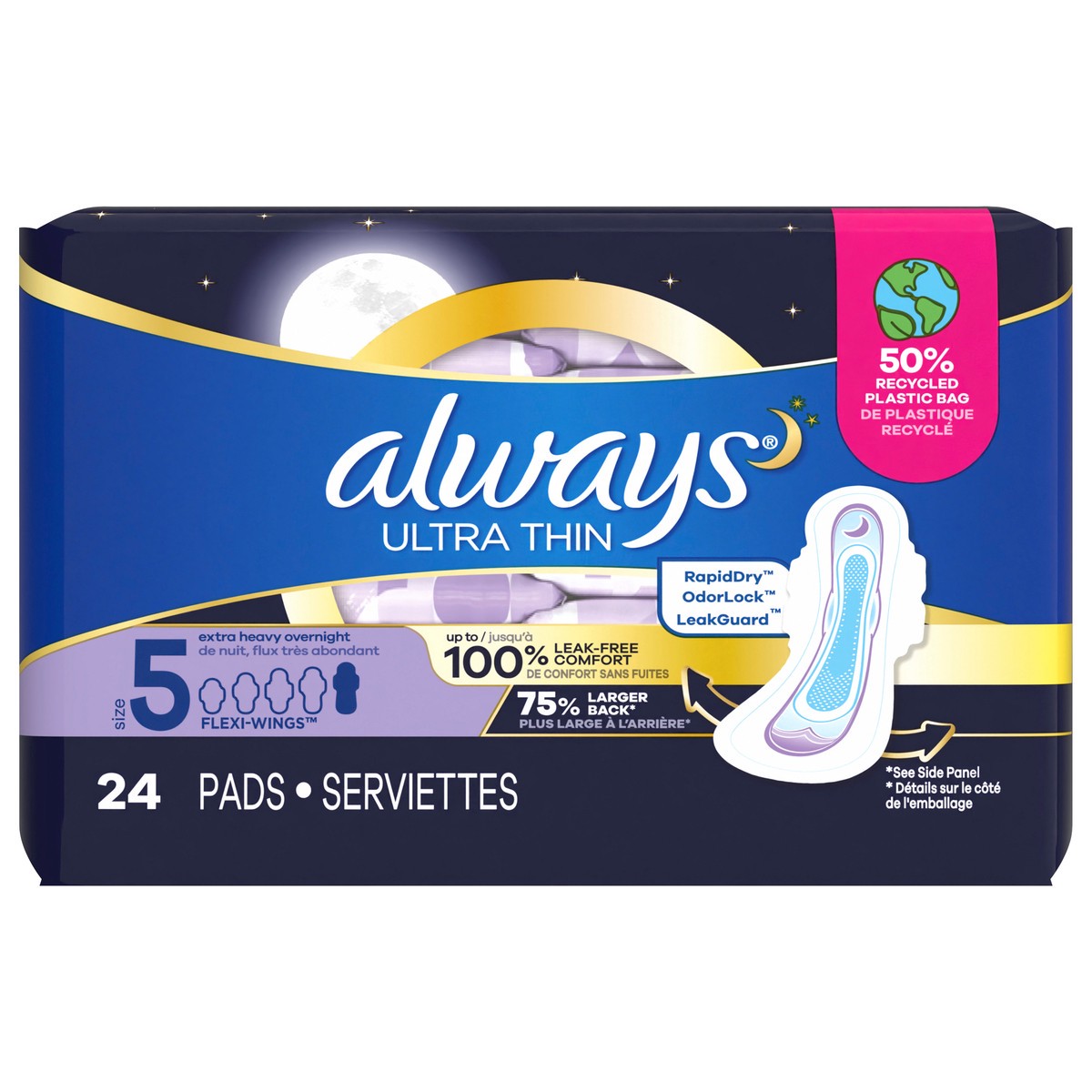 slide 1 of 5, Always Ultra Thin Overnight Pads with Flexi-Wings, Size 5, Extra Heavy Overnight, Unscented, 24 Count, 24 ct