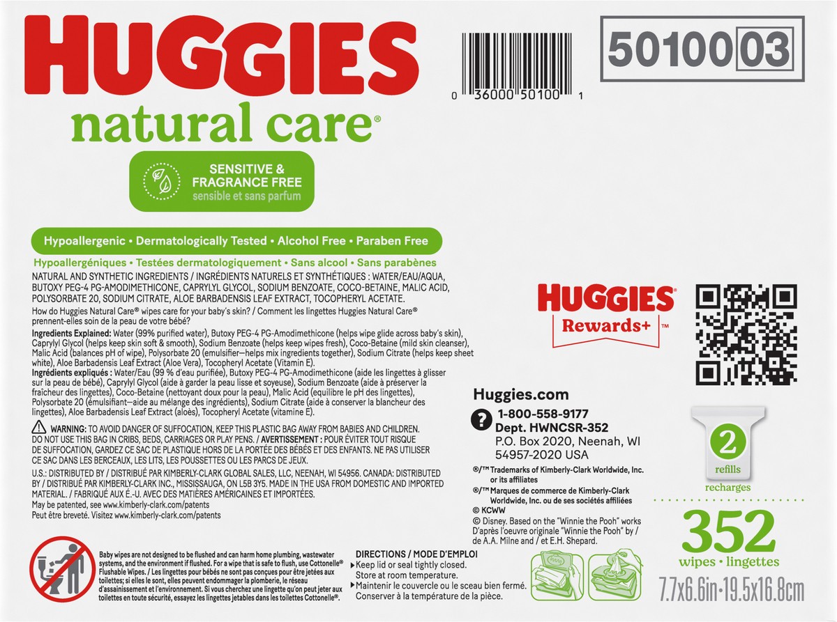 slide 4 of 9, Huggies Natural Care Sensitive Baby Wipes, Unscented, 2 Refill Packs (352 Wipes Total), 352 ct