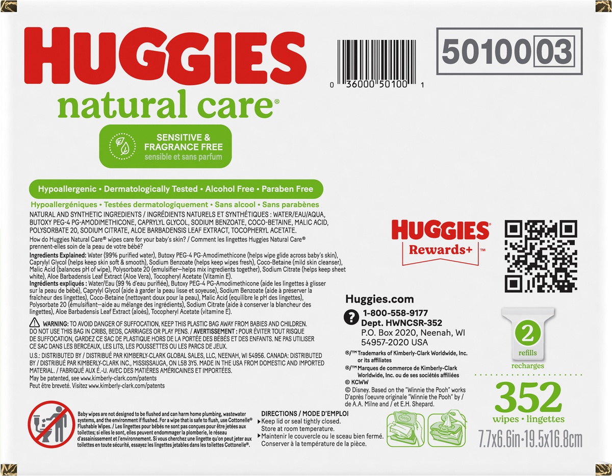 slide 9 of 10, Huggies Natural Care Unscented Baby Wipes, Sensitive, 2 Refill Packs, 352 ct