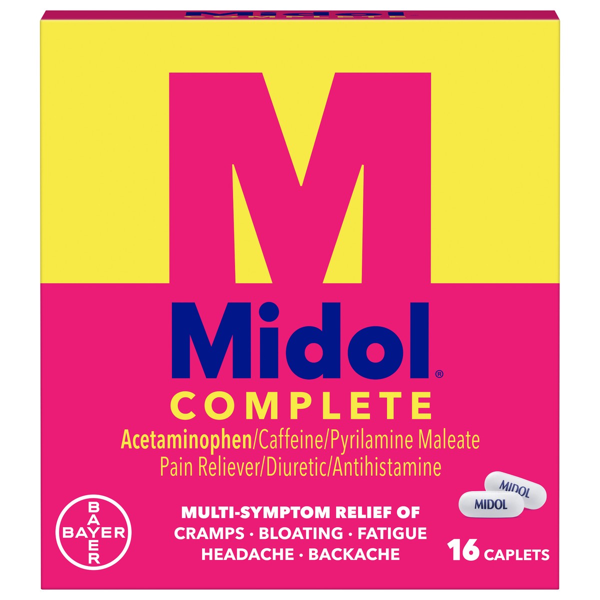 slide 1 of 8, Midol Complete Caplets Pain Reliever/Diuretic/Antihistamine 16 ea Box, 16 ct