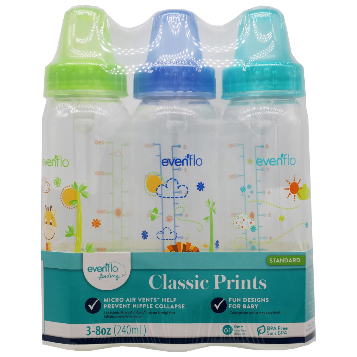 slide 1 of 5, Evenflo 8 Ounce 0M+ Classic Prints Standard Feeding Bottles 3 ea, 3 ct; 8 oz