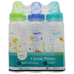 Evenflo 8 Ounce 0M+ Classic Prints Standard Feeding Bottles 3 ea