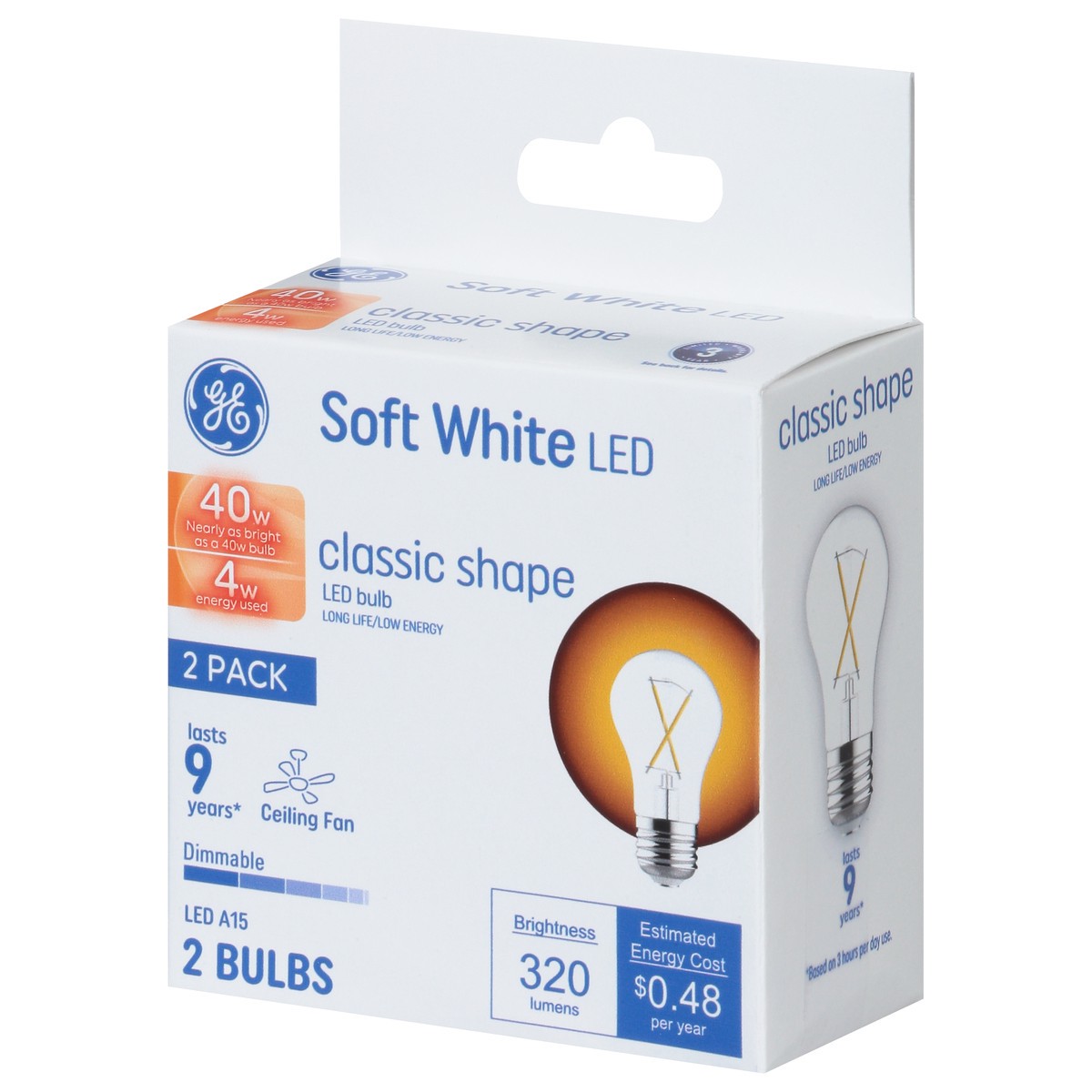 slide 7 of 9, GE 4 Watts Classic Shape Soft White Ceiling Fan LED Light Bulbs 2 Pack 2 ea, 2 ct