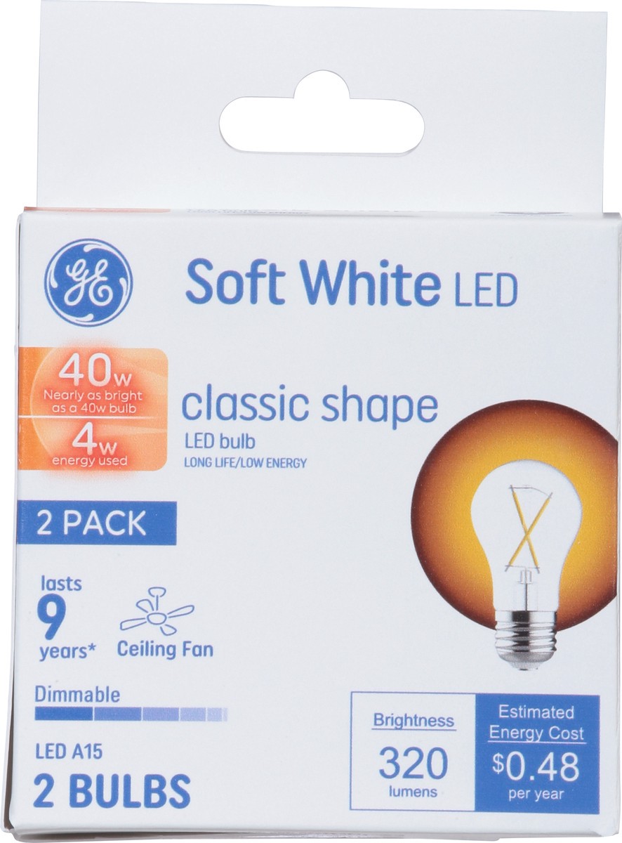 slide 3 of 9, GE 4 Watts Classic Shape Soft White Ceiling Fan LED Light Bulbs 2 Pack 2 ea, 2 ct