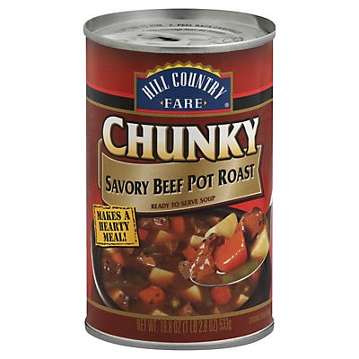 slide 1 of 1, Hill Country Fare Chunky Savory Beef Pot Roast Soup, 18.8 oz