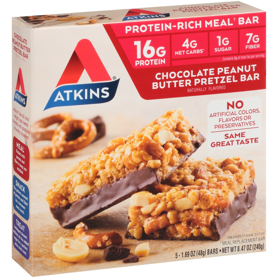 slide 2 of 8, Atkins Chocolate Peanut Butter Pretzel Meal Bar , 5 ct; 1.69 oz