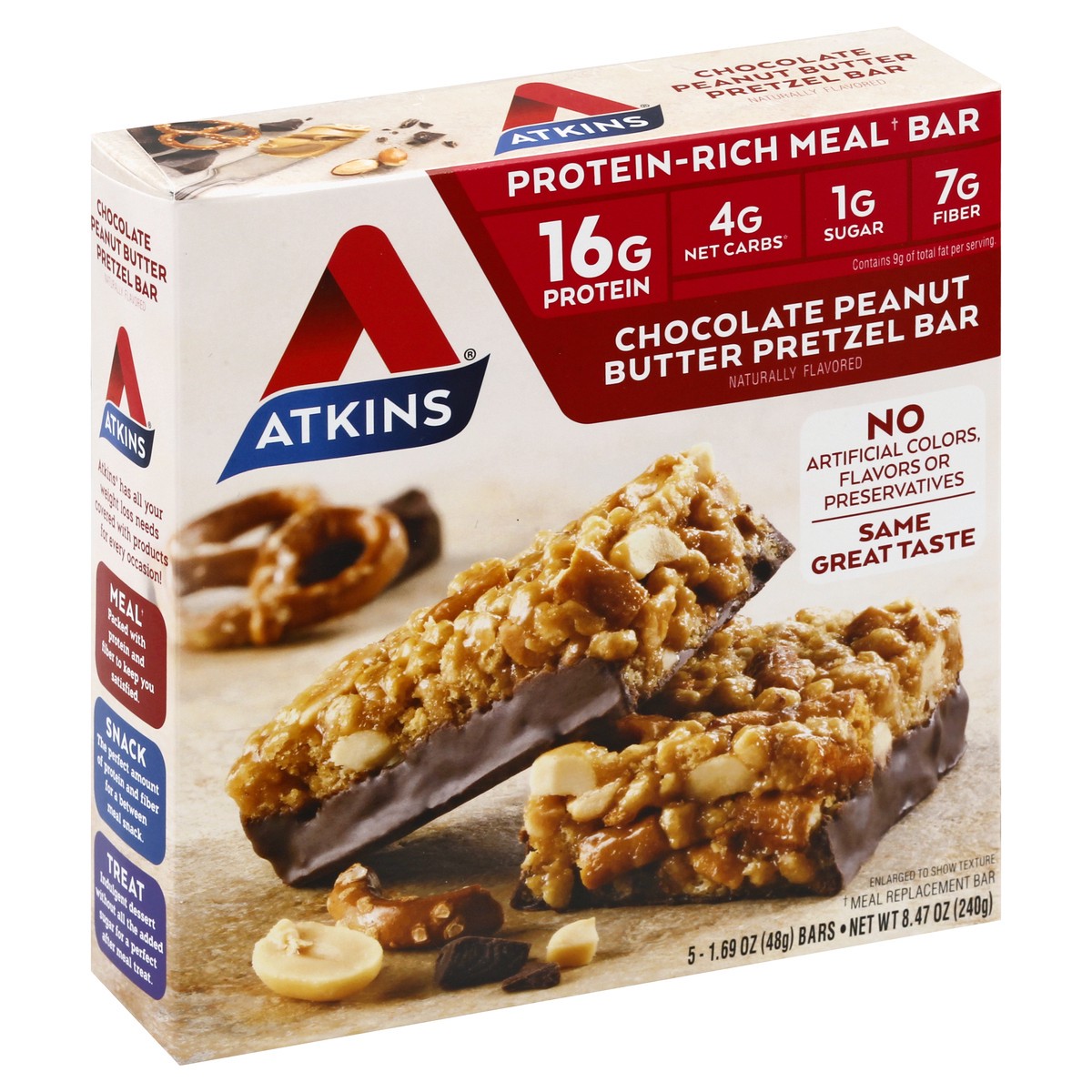 slide 2 of 9, Atkins Nutritional Chocolate Peanut Butter Pretzel Meal Bars, 8.47 oz