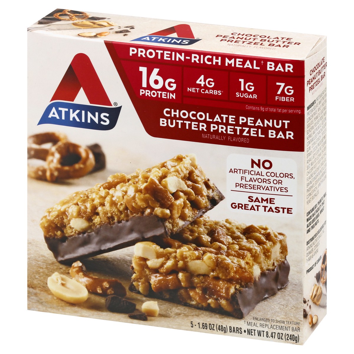 slide 3 of 9, Atkins Nutritional Chocolate Peanut Butter Pretzel Meal Bars, 8.47 oz