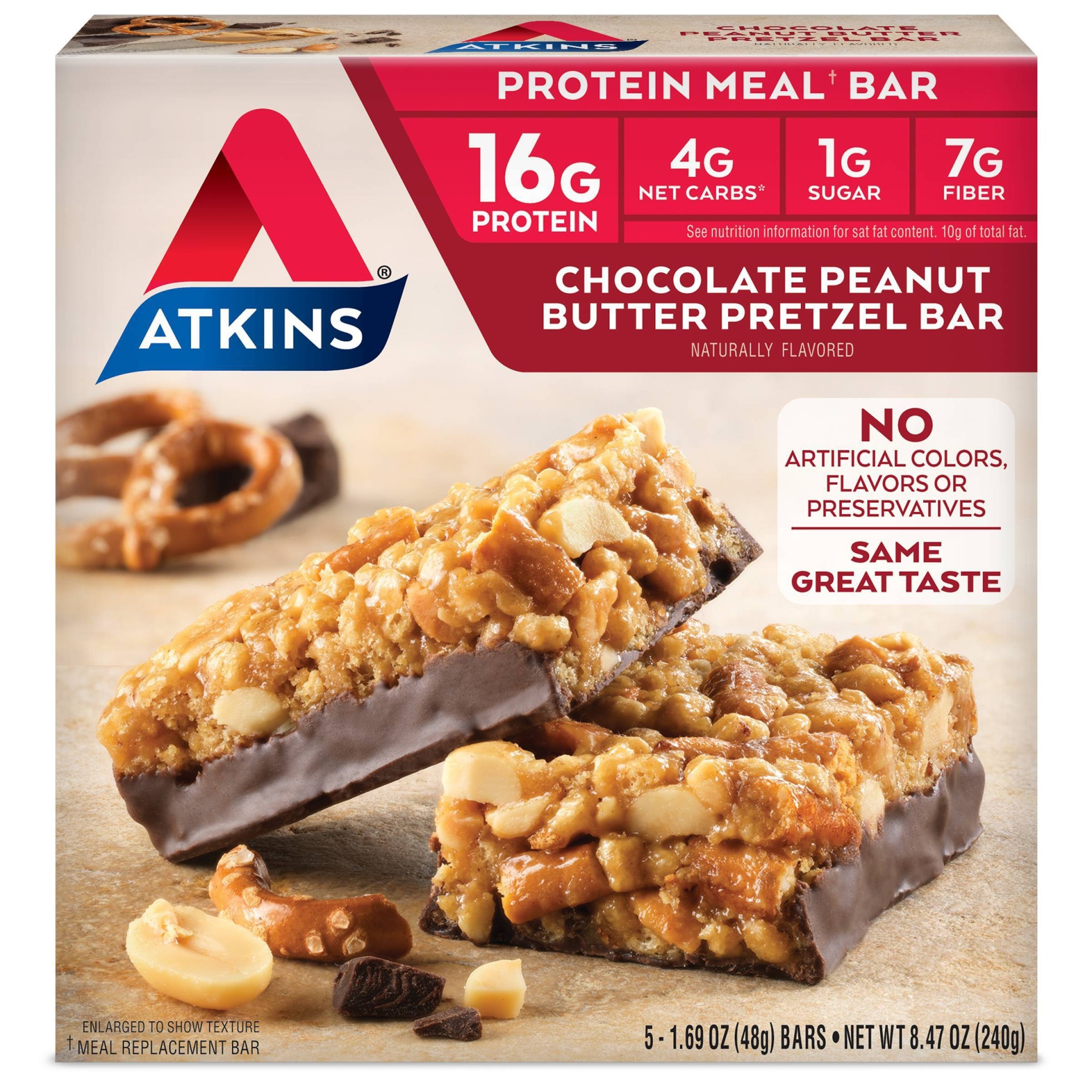 slide 1 of 8, Atkins Chocolate Peanut Butter Pretzel Meal Bar , 5 ct; 1.69 oz