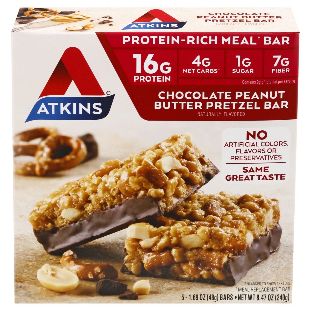 slide 1 of 9, Atkins Nutritional Chocolate Peanut Butter Pretzel Meal Bars, 8.47 oz