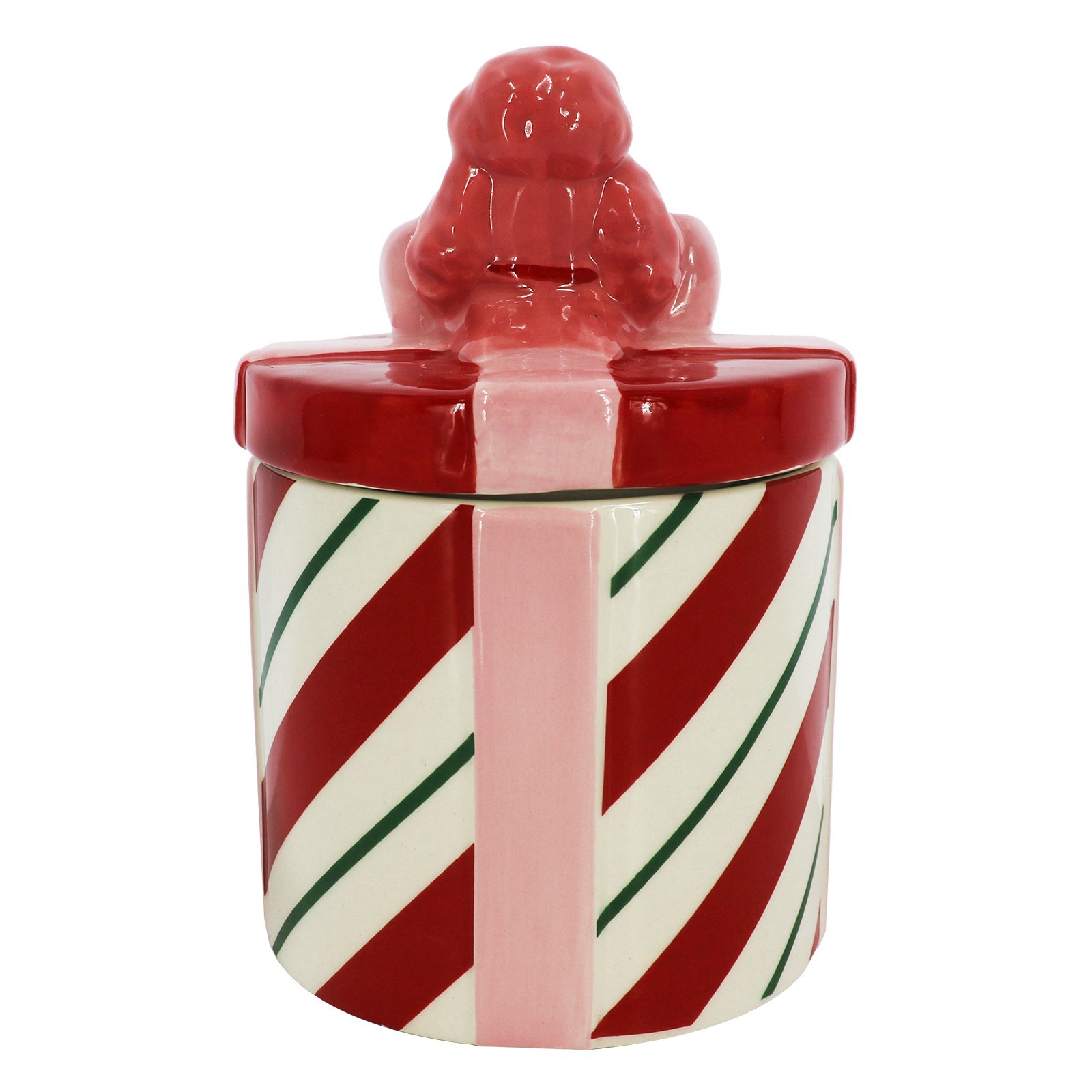 slide 5 of 5, 6" Red & White Peppermint Stripe With Dog Ceramic Container By Ashland, 4 in x 4 in x 6 in