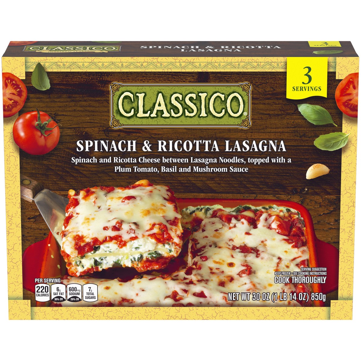 slide 1 of 14, Classico Spinach & Ricotta Lasagna Multi-Serve Frozen Meal, 30 oz Box, 30 oz