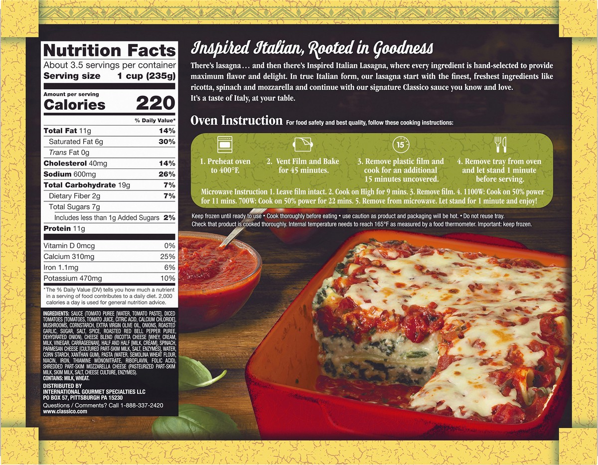 slide 10 of 14, Classico Spinach & Ricotta Lasagna Multi-Serve Frozen Meal, 30 oz Box, 30 oz