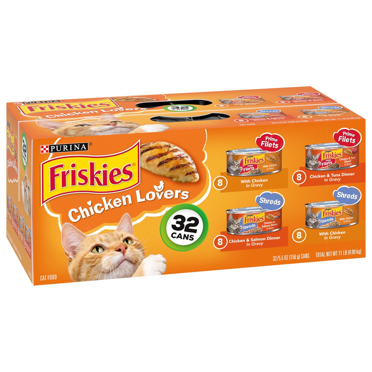 slide 8 of 9, Friskies Purina Friskies Gravy Wet Cat Food Variety Pack, Chicken Lovers Prime Filets & Shreds - (32) 5.5 oz. Cans, 32 ct