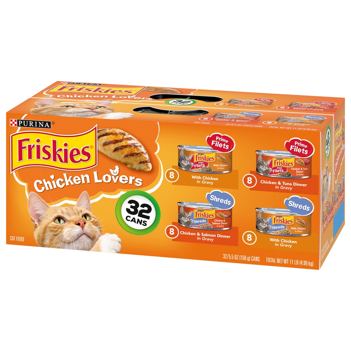 slide 9 of 9, Friskies Purina Friskies Gravy Wet Cat Food Variety Pack, Chicken Lovers Prime Filets & Shreds - (32) 5.5 oz. Cans, 32 ct